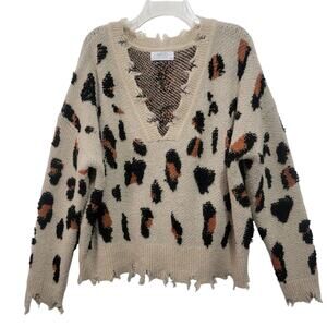 MOD on Trend Womens Cheetah Leopard Print Distressed V Neck Sweater Medium